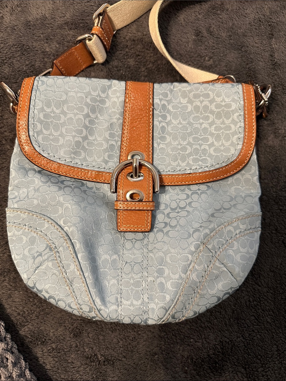 Coach Light Blue Signature Crossbody with Tan Leather Trim - Picture 2 of 9